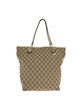 Gucci Beige White Gold GG Canvas Leather Tote Shoulder Bag
